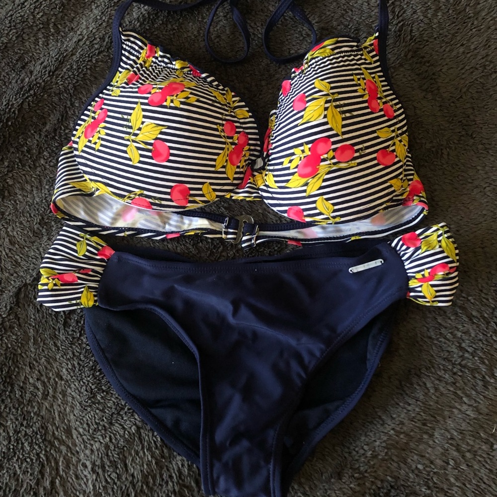 U.S. Polo Assn. Cherry/Navy + White Pinstripe Ruffly Top Bikini